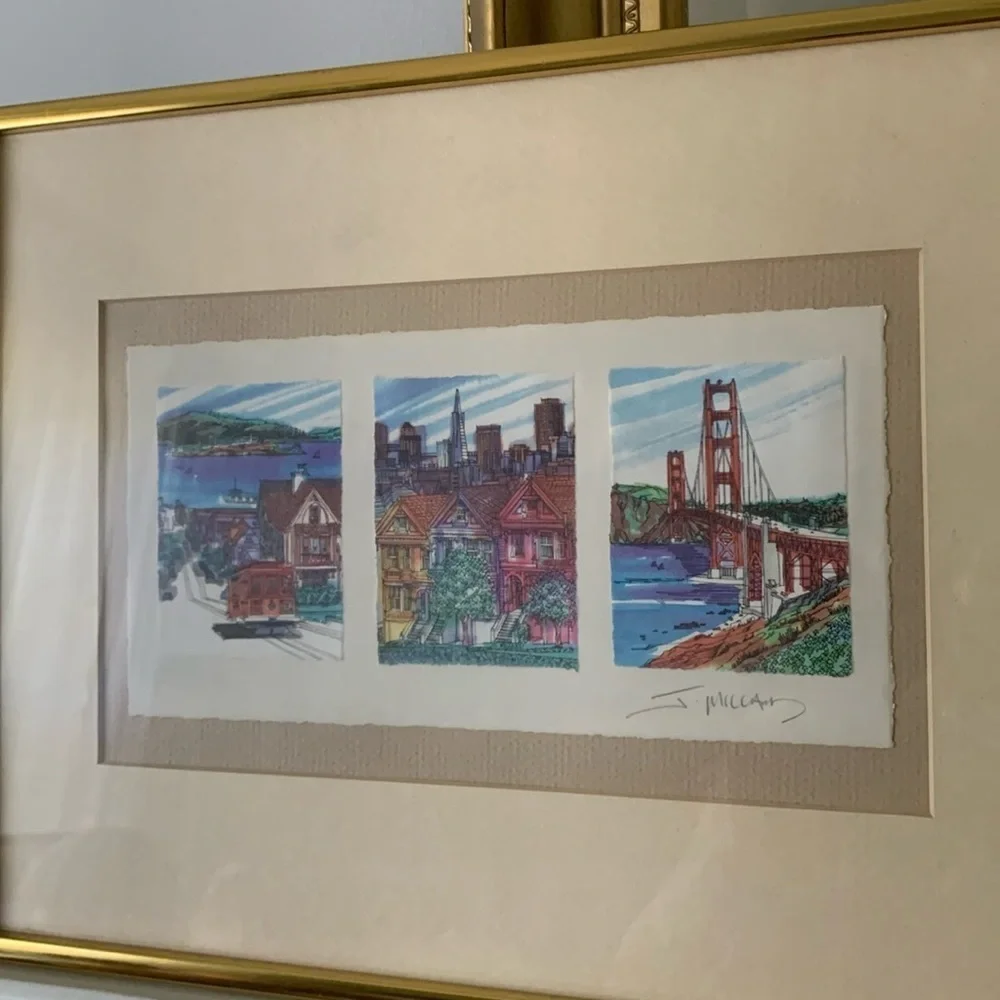 James Millard Golden Gate Bridge Watercolored Matted Print Signed By Artist gold